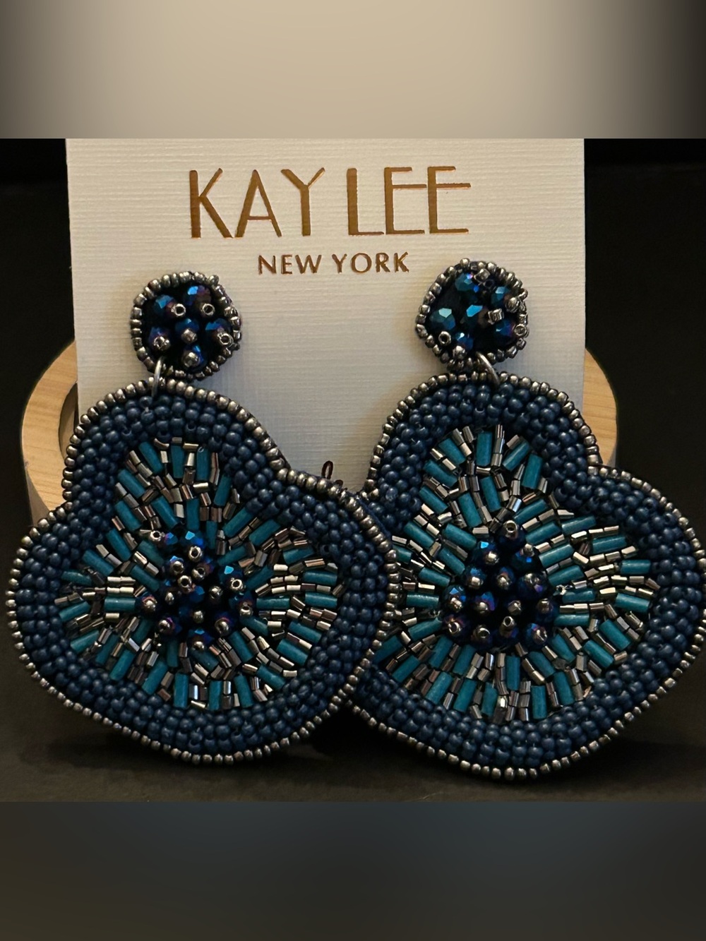 Navy Blue, Turquoise & Silver Hand Beaded Floral Drop Earrings